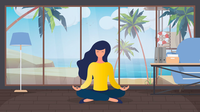 The girl is meditating in a room with a large panoramic window overlooking the beach. The woman is doing yoga. Summer vacation concept. Vector illustration.
