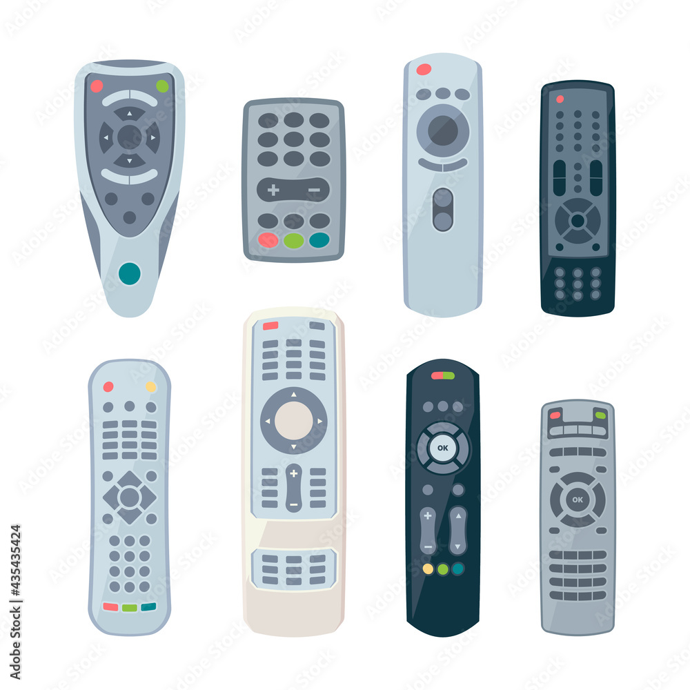 Poster remote controllers for tv. electronic control items for smart home and different technics garish vec