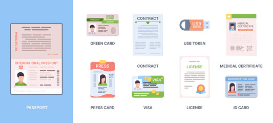 Legal id passport. Personal documents credit or debit cards immigration information stickers personality photo green card garish vector template