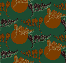 seamless pattern with freesia flower on dark green background. vector illustration