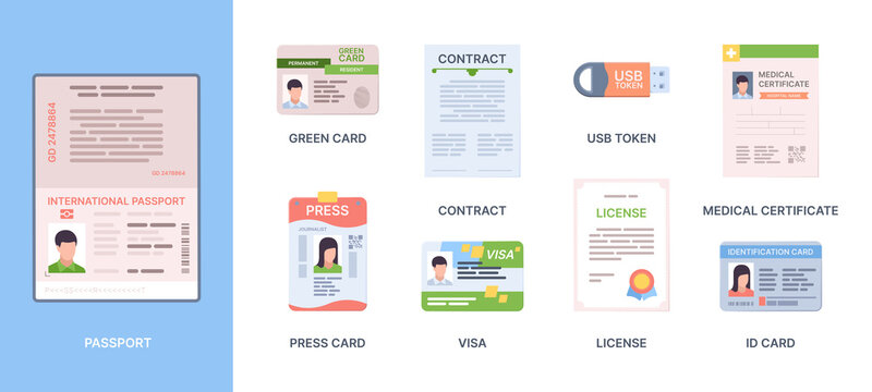 Legal id passport. Personal documents credit or debit cards immigration information stickers personality photo green card garish vector template
