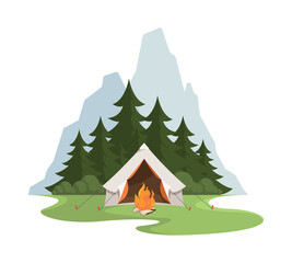 Camping background. Landscape with mountain campfire and protection tent for travellers family vacation in national park garish vector cartoon illustration