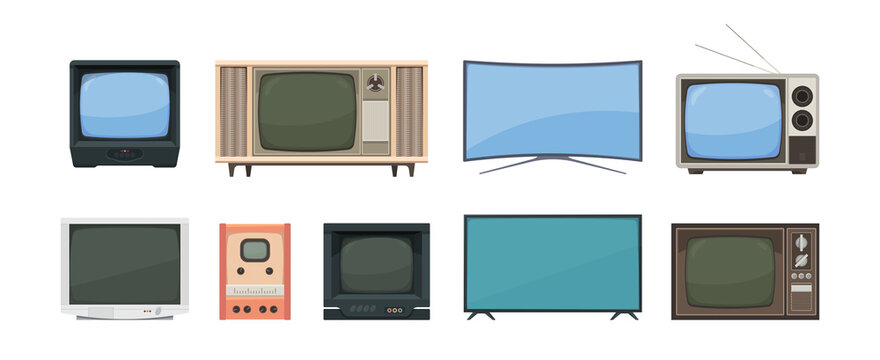 Tv set collections. Gadgets for streaming news broadcasts movies films retro tv and modern digital items garish vector set