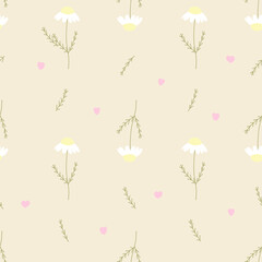 Vector seamless pattern with chamomile, petals and hearts on yellow background. For wallpapers, decoration, invitation baby shower, fabric and textile, print cloth and pajamas, gift and wrapping paper