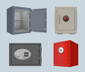 Safe deposit. Security steel box with protection code big bank door locker protect your personal money and treasures decent vector realistic illustratioons