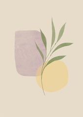 abstract contemporary art. Green branch on the background of geometric shapes. Beige tone