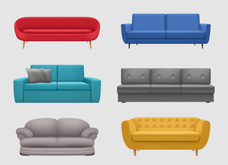 Sofa comfortable. Realistic furniture for lounge room modern interior items colorful sofa decent vector illustration templates