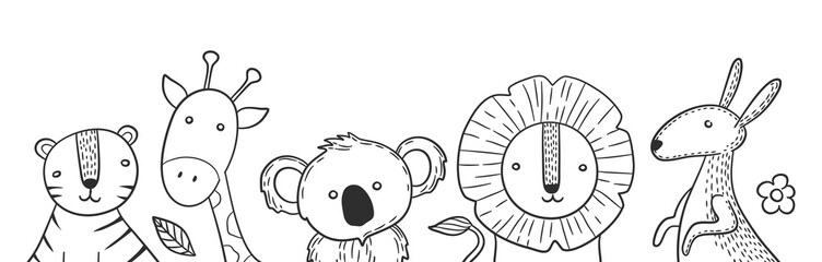 Scandinavian style animals. Drawing animal banner, isolated lion koala kangaroo. Cute childish characters, nature and exotic tiger, giraffe vector background