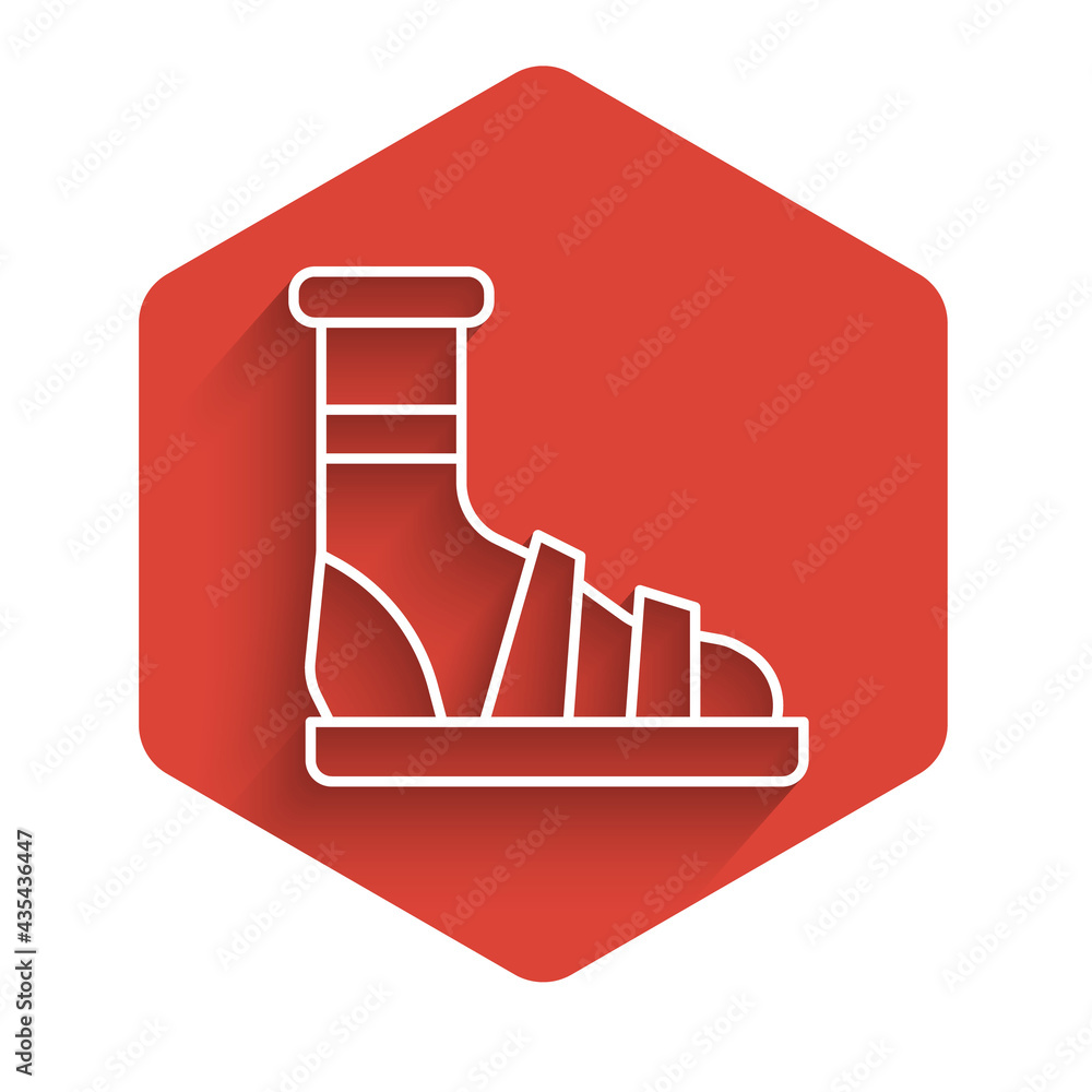 Poster white line slippers with socks icon isolated with long shadow. beach slippers sign. flip flops. red 