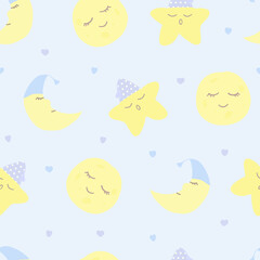 Vector seamless pattern with moon (crescent), stars and hearts on blue. For wallpapers, fabric, textile and linen, print clothes and pajamas, gift and wrapping paper, invitation to pajama party.