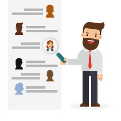 Businessman with magnifier in hand chooses a candidate online