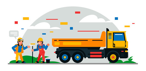 Construction equipment and workers at the site. Colorful background of geometric shapes and clouds. Builders, construction equipment, service personnel, truck, woman, painter. Vector illustration.