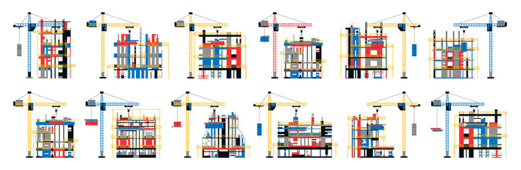 Fototapeta premium Set of construction sites. Collection of buildings under construction. Crane, skyscrapers, house, apartments, hotels, unfinished houses, building site. Vector illustration on white background