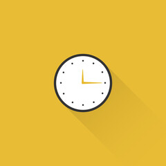Minimal flat clock with long shadow. Vector illustration, flat design