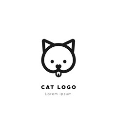 Cat logo. Black thick outline. Happy cat. Vector illustration, flat design