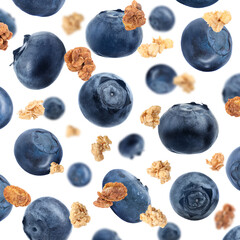 Delicious granola and blueberries falling on white background. Healthy snack