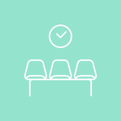 Waiting room icon. White outline on yellow background. Three empty chairs. A clock on the wall. Vector illustration, flat design