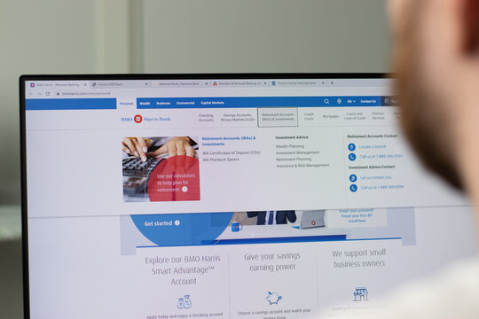 New York, USA - 1 May 2021: BMO Harris Bank company website on screen, Illustrative Editorial.