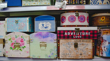 Various boxes are on the store shelf.