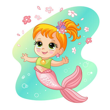 Cute pretty mermaid and flowers vector cartoon illustration