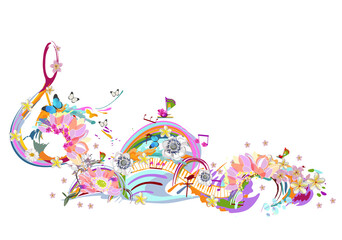 Abstract treble clef decorated with summer and spring flowers, palm leaves, notes, birds. Hand drawn musical vector illustration. - 435438848