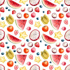 Seamless pattern with hand painted watercolor summer fruits