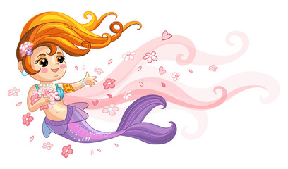 Cute young mermaid and flowers vector cartoon illustration