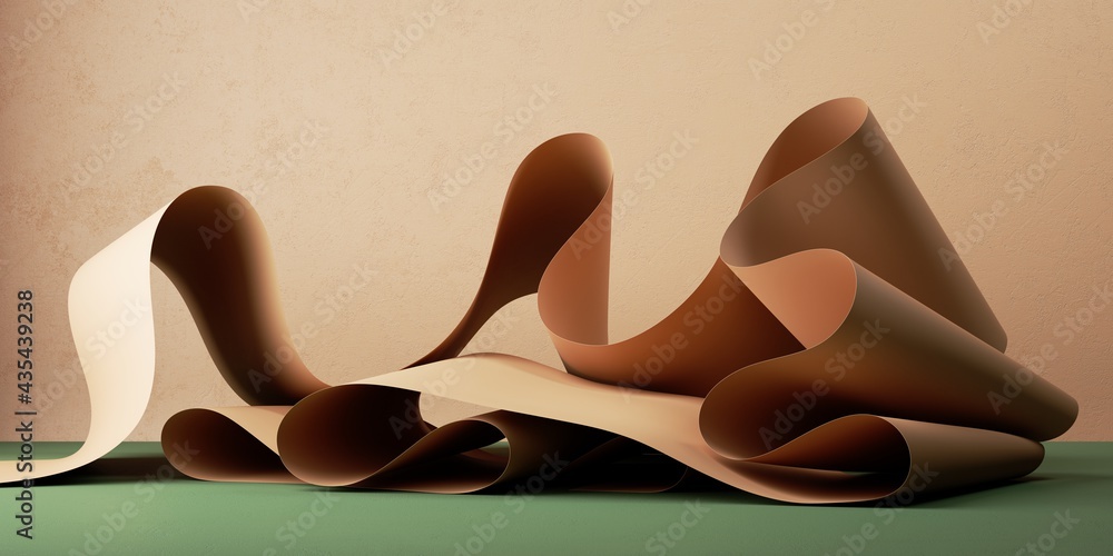 Poster 3d render, abstract simple background with folded paper ribbon