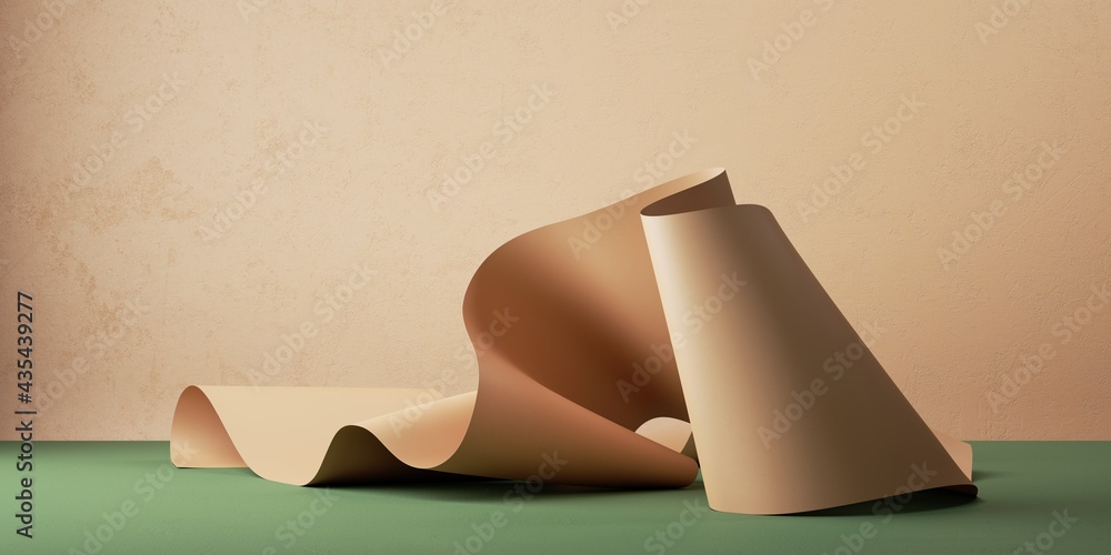 Poster 3d render, abstract beige background with folded ribbon or fallen paper scroll