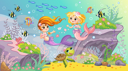 Fototapeta na wymiar Sea world wildlife background with two mermaids vector