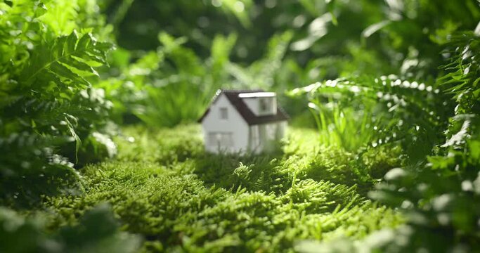 Mini house model on green moss,Real Estate, eco house icon concept.