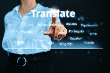 Abstract person clicks on the display with the word translate and foreign language choice