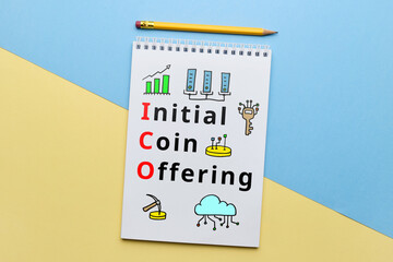 Concept ico or Initial Coin Offering with abstract icons.