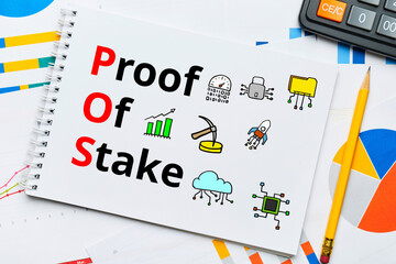 Concept pos and Proof of Stake with abstract icons.