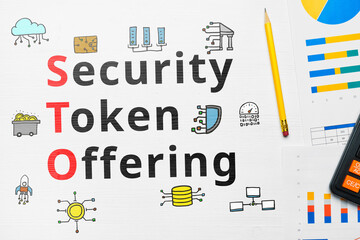 Concept sto or Security Token Offering with abstract icons.