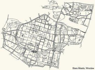 Black simple detailed street roads map on vintage beige background of the quarter Stare Miasto district of Wroclaw, Poland