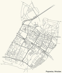 Black simple detailed street roads map on vintage beige background of the quarter Popowice district of Wroclaw, Poland