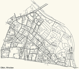Black simple detailed street roads map on vintage beige background of the quarter Ołbin district of Wroclaw, Poland