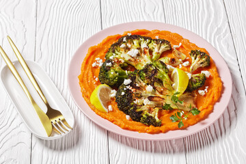 grilled broccoli steaks with puree and feta