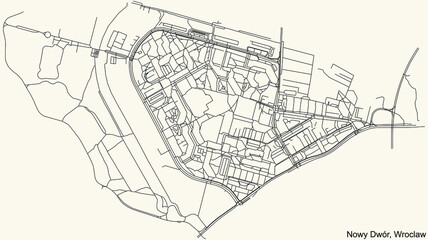 Black simple detailed street roads map on vintage beige background of the quarter Nowy Dwór district of Wroclaw, Poland