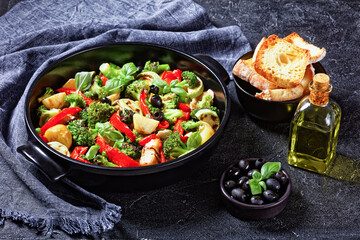 Vegetable and chicken bake, top view, close-up