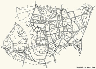 Black simple detailed street roads map on vintage beige background of the quarter Nadodrze district of Wroclaw, Poland - obrazy, fototapety, plakaty