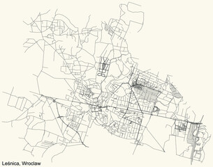 Black simple detailed street roads map on vintage beige background of the quarter Leśnica district of Wroclaw, Poland