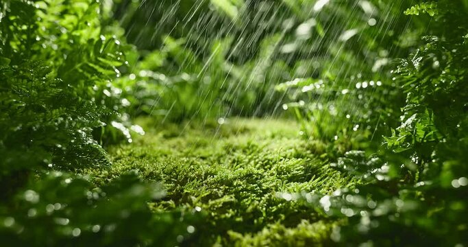 moss with rain in the forrest background. green world concept.