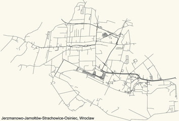 Black simple detailed street roads map on vintage beige background of the quarter Jerzmanowo-Jarnołtów-Strachowice-Osiniec district of Wroclaw, Poland