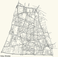 Black simple detailed street roads map on vintage beige background of the quarter Huby district of Wroclaw, Poland