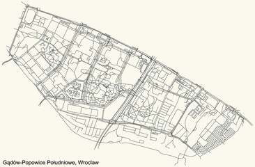 Black simple detailed street roads map on vintage beige background of the quarter Gądów-Popowice Południowe district of Wroclaw, Poland