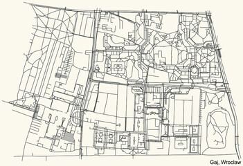 Black simple detailed street roads map on vintage beige background of the quarter Gaj district of Wroclaw, Poland