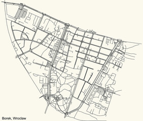 Black simple detailed street roads map on vintage beige background of the quarter Borek district of Wroclaw, Poland