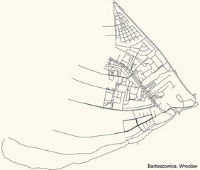 Naklejka premium Black simple detailed street roads map on vintage beige background of the quarter Bartoszowice district of Wroclaw, Poland